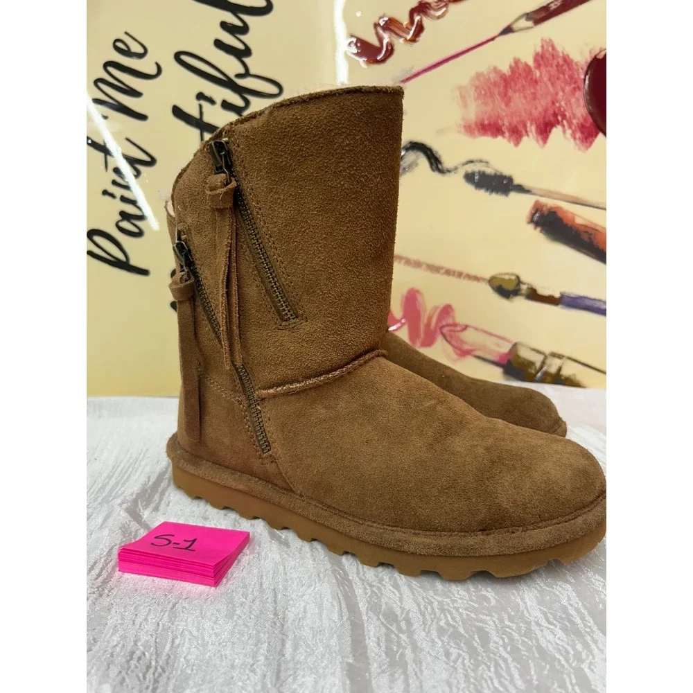 Bearpaw Kids Hickory Suede Dual Zip Winter Boots Sheepskin Lining Size 6 Youth